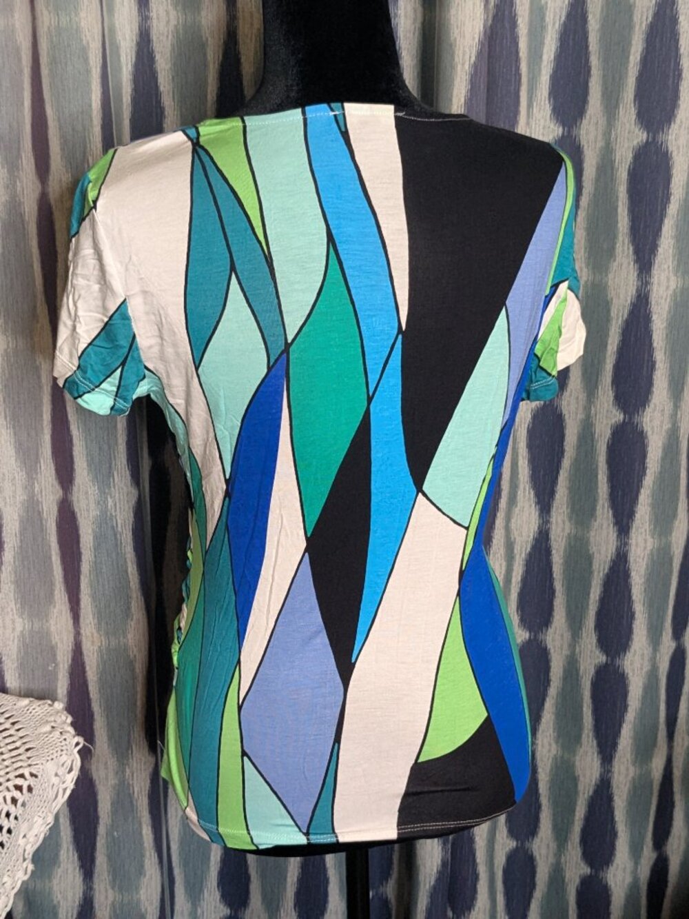 Cable & Gauge Geometric Print Faux Wrap Top Size Medium Blue Green - Picture 2 of 4